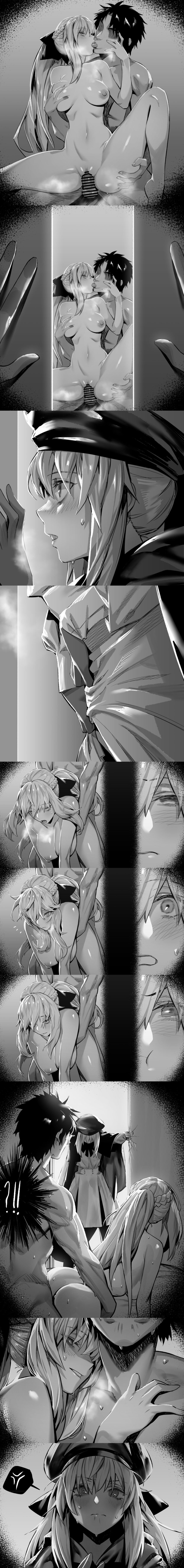 1boy 2girls absurd_res all_fours artoria_pendragon artoria_pendragon_(caster) ass bangs bar_censor beret blush bow breasts cape doggy_style fate/grand_order fate_(series) female french_braid fujimaru_ritsuka_(male) gloves greyscale grin highres hxd jealous kissing large_breasts long_image male masturbation_through_clothing monochrome morgan_le_fay_(fate) navel nude on_bed open_mouth peeping penis ponytail pout pussy sex sex_from_behind short_hair sidelocks small_breasts smile spoken_anger_vein sweat sweatdrop twintails vaginal_penetration very_long_hair