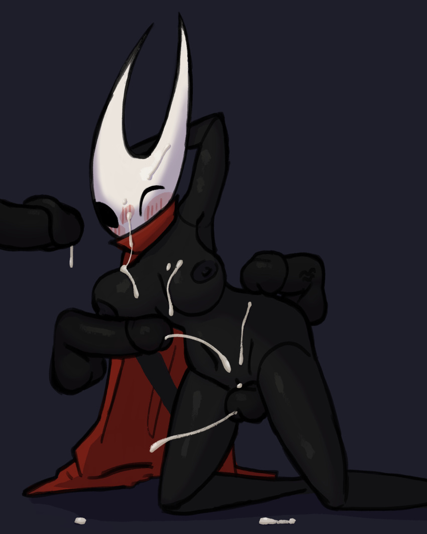 anthro arthropod balls big_penis black_body blush blush_lines bodily_fluids breasts cloak clothed clothing cum cum_on_breasts cum_on_face cumshot disembodied_penis ejaculation erection female genital_fluids genitals group hi_res hollow_knight hornet_(hollow_knight) insects male male/female nipples one_eye_closed partially_clothed penis pussy sex sexylinguini simple_background solo_focus team_cherry thigh_sex video_games wink