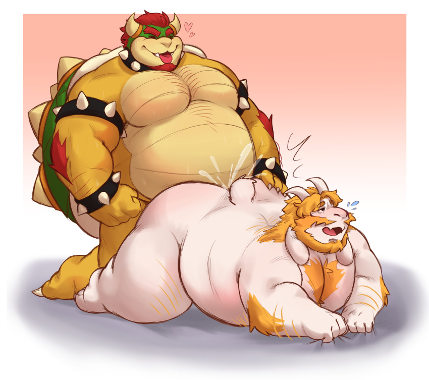 2022 absurd_res anthro asgore_dreemurr beard belly big_belly bovid bovine bowser duo facial_hair hi_res humanoid_hands koopa lustyshu male male/male male_only mammal mario_(series) moobs nintendo obese obese_anthro obese_male overweight overweight_anthro overweight_male scalie sex undertale_(series) video_games