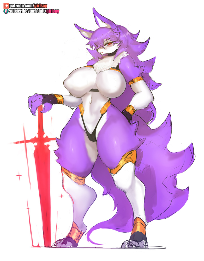 1girls animal_ears anthro big_breasts breasts female female_only furry girlsay long_hair purple_fur purple_hair rae_(girlsay) red_eyes solo solo_female sword tagme thong wide_hips