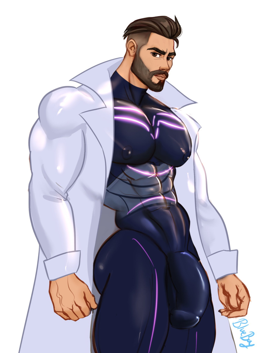 beard big_bulge blueboybara bodysuit bulge clothed coat hairy looking_at_viewer male_only muscles muscular muscular_male nipples_visible_through_clothing pectorals penis_outline pokemon pokemon_sv professor_turo skin_tight skintight