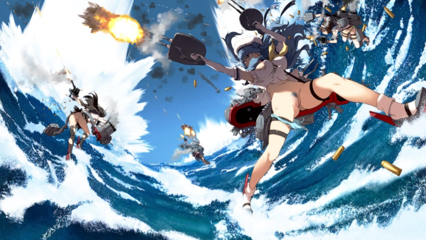 4girls action beret black_hair blue_eyes blue_hair bottomless breasts day double_bun elbow_gloves female_pubic_hair firing gloves hairband hamakaze_(kantai_collection) hat highres isokaze_(kantai_collection) kantai_collection large_breasts long_hair multiple_girls no_pants ocean outdoors panties panties_around_one_leg pleated_skirt pubic_hair pussy rigging rudder_footwear sailor_collar shell_casing short_hair skirt takemura_sessyu tanikaze_(kantai_collection) thigh_strap torn_clothes torpedo_tubes turret uncensored underwear urakaze_(kantai_collection) walking walking_on_liquid white_gloves white_hair white_hairband white_headwear