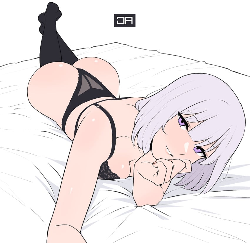 1girls ass bangs black_bra black_legwear black_panties bra breasts cleavage eyebrows_visible_through_hair female girls'_frontline grin hair_between_eyes head_rest highres j_adsen large_breasts looking_at_viewer lying on_stomach panties purple_eyes rpk-16_(girls'_frontline) short_hair silver_hair smile solo thighhighs underwear underwear_only white_background