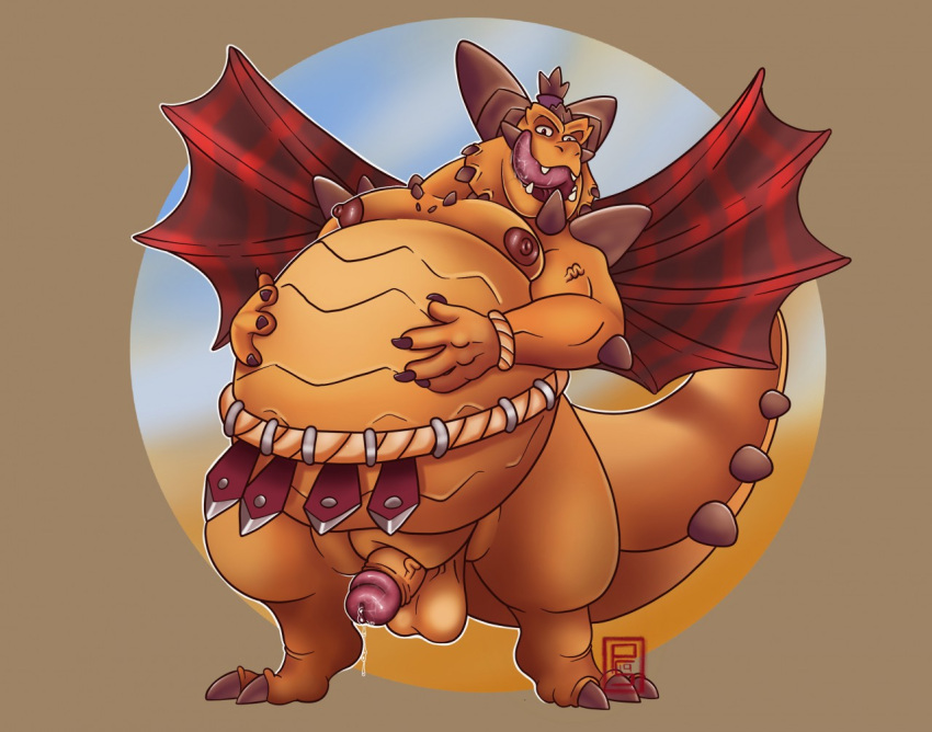 activision anthro balls belly big_belly bodily_fluids dragon fupa genitals hand_on_stomach licking licking_lips magnus_(spyro) male masterbear open_mouth overweight overweight_male penis precum_drio saliva scalie solo spyro_the_dragon tongue tongue_out video_games wings