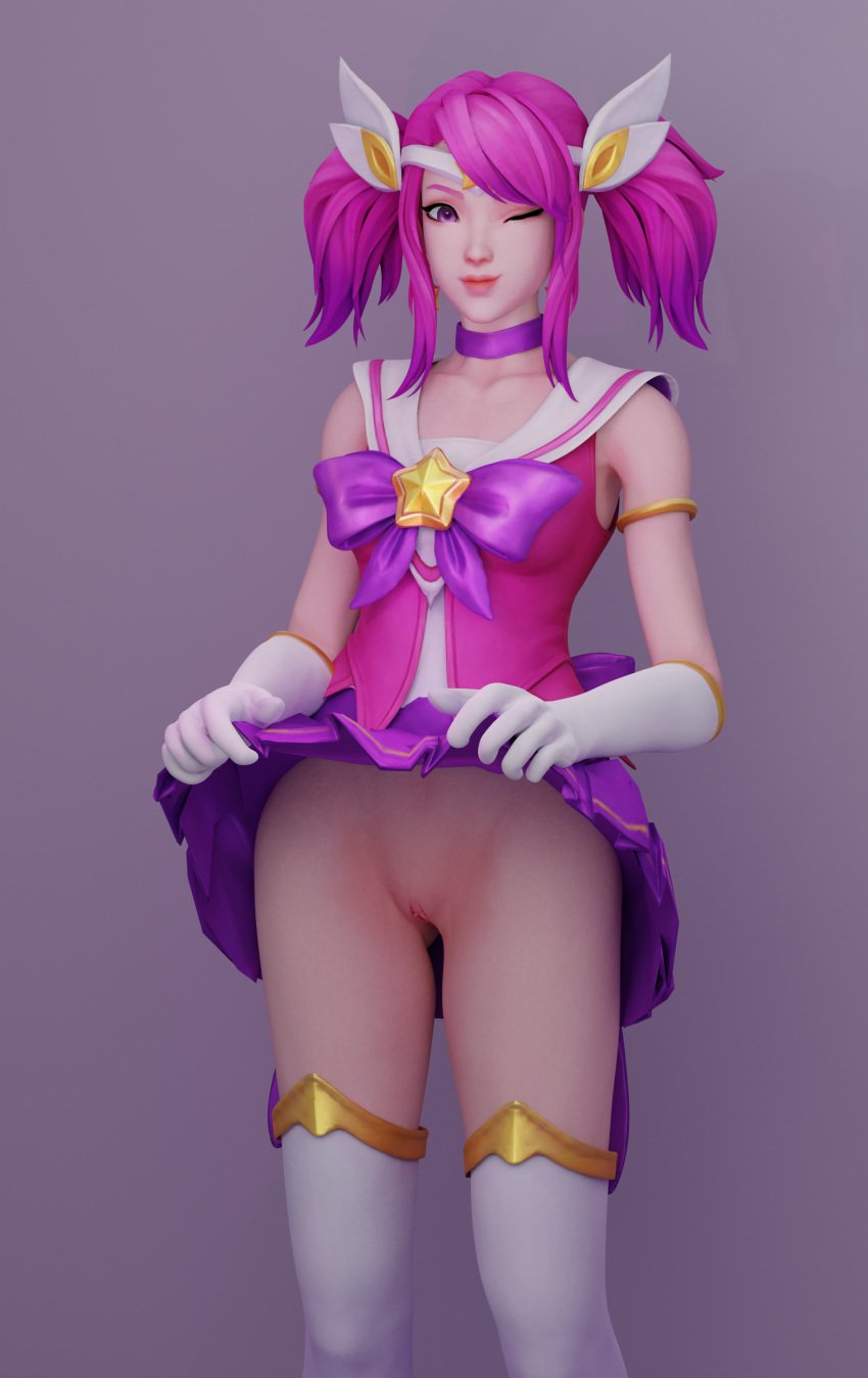 1girls awoooo_renders_(artist) choker clothed female gloves human league_of_legends legwear lifted_by_self looking_at_viewer luxanna_crownguard no_panties pink_hair pussy shaved_pussy simple_background skirt skirt_lift slender_legs small_breasts solo star_guardian_lux star_guardian_series thighhighs thighs twintails upskirt wink