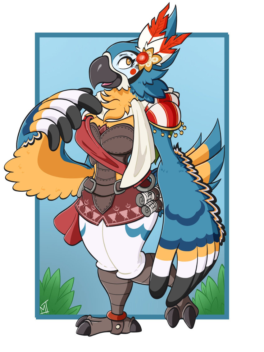 absurd_res accessory anthro avian blue_body blue_feathers border breath_of_the_wild cheek_tuft chest_tuft clothing eyelashes facial_tuft feather_in_hair feathers female grey_markings hair hair_accessory hi_res kass_(tloz) kass_(zelda) markings mrt0ony mtf_crossgender nintendo open_mouth open_smile rito rule_63 smile solo the_legend_of_zelda thick_thighs tuft tunic video_games white_border white_markings wide_eyed wide_hips winged_arms wings yellow_body yellow_feathers