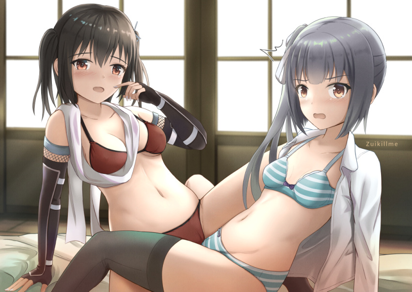 2girls black_gloves black_hair black_legwear bra breasts brown_eyes collared_shirt elbow_gloves fingerless_gloves gloves grey_hair kantai_collection kasumi_(kantai_collection) kasumi_kai_ni_(kantai_collection) long_hair long_sleeves medium_breasts multiple_girls navel open_clothes open_shirt panties red_bra red_panties scarf sendai_(kantai_collection) sendai_kai_ni_(kantai_collection) shirt side_ponytail single_thighhigh small_breasts striped striped_bra striped_panties thighhighs tribadism tribadism_through_clothing two_side_up underwear white_scarf white_shirt yuri zuikillme