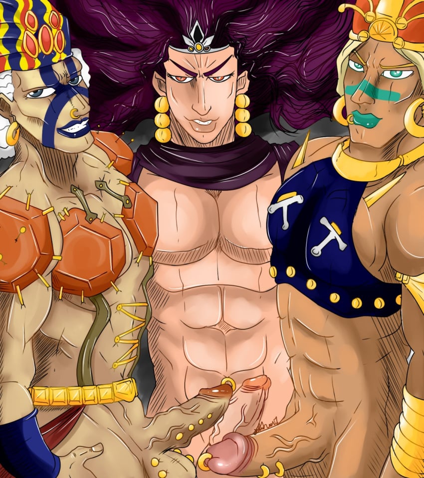 3boys abs battle_tendency blue_lipstick earrings erection esidisi genital_piercing hoop_earrings jojo's_bizarre_adventure kars lip_piercing long_hair male male_only nelsonnoir nose_ring penis penis_piercing purple_hair veiny_penis wamuu white_hair