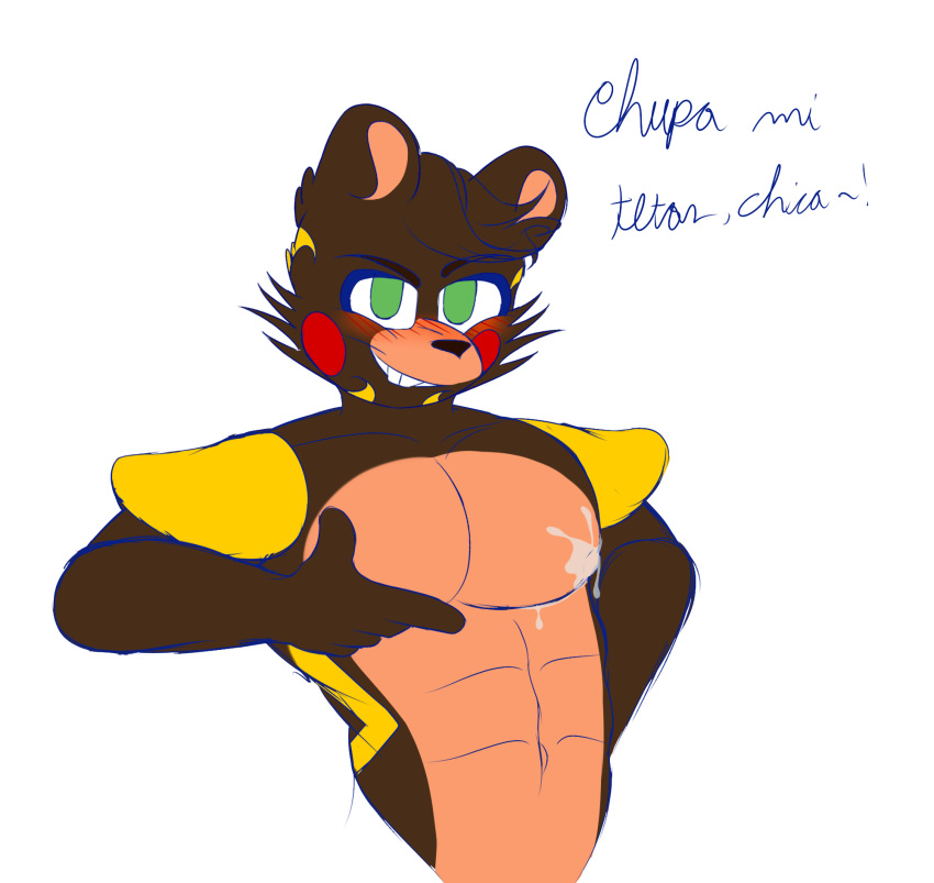 abs anthro beaver big_pecs blush blush_lines bodily_fluids breasts brown_body brown_fur brown_hair countershade_face countershade_torso countershading drool_on_body drool_on_chest el_chip five_nights_at_freddy's freddy_fazbear's_pizzeria_simulator fur green_eyes hair hi_res jflare205 male male_only mammal markings muscular muscular_anthro muscular_male nipple_fetish nipple_play nipples pecs presenting presenting_breasts rodent saliva saliva_string scottgames smile solo solo_male spanish_text standing text video_games yellow_markings