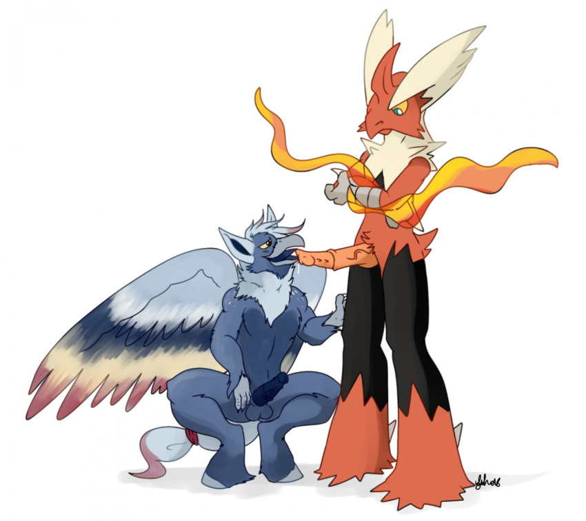 2017 2boys anthro arms_crossed avian beak blaziken blue_eyes furry gay gryphon mega_blaziken nelsonnoir nintendo original_character pokemon pokemon_(species) pokemon_rse pokemon_xy tail veiny_penis wings yaoi yellow_sclera