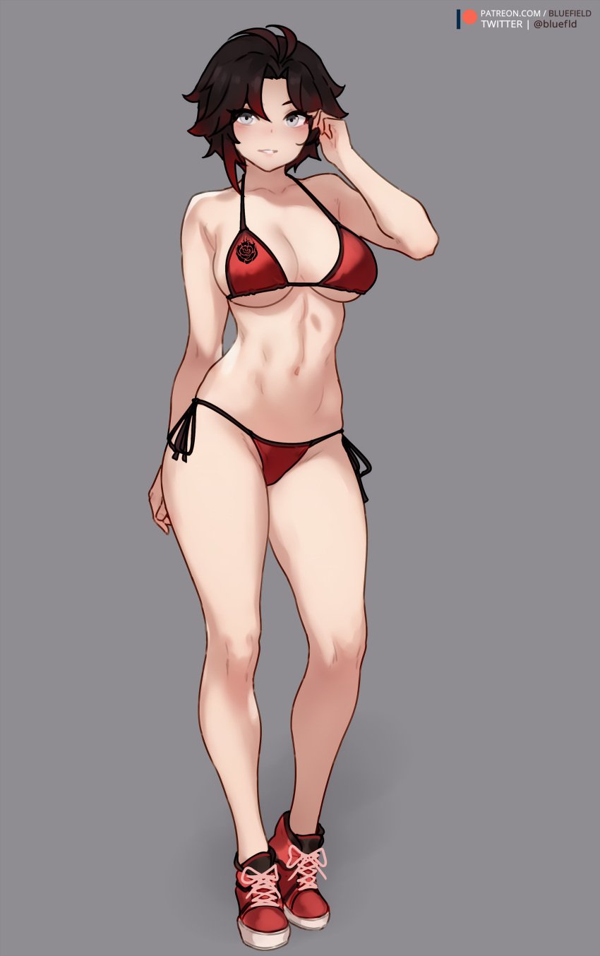 1girls alternate_breast_size bikini bluefield blush breasts casual clothing female footwear hi_res human large_breasts medium_hair navel pale_skin png red_bikini red_hair ruby_rose rwby simple_background slim_waist smile sneakers swimwear thighs