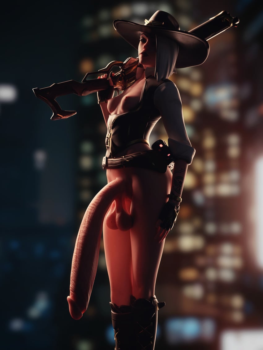 1futa 3d areolae arm_tattoo ashe_(overwatch) backlighting belt blender breasts cowboy_hat demisak fingerless_gloves full-package_futanari futa_only futanari gloves gun hat hyper_penis large_penis long_penis nipples no_pants overwatch penis rifle shotgun sleeves_rolled_up smug solo tattoo tattoo_on_arm very_long_penis vest weapon weapon_on_shoulder white_shirt