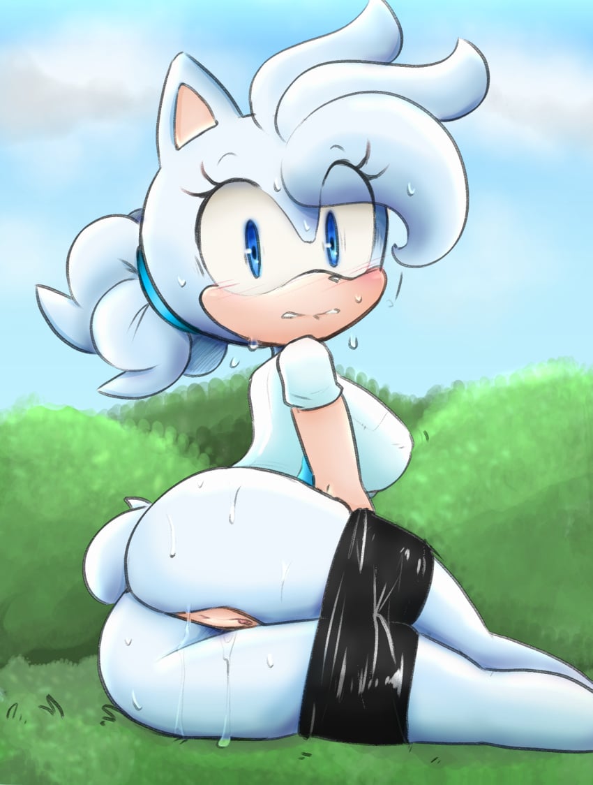 1girls ass blush bodily_fluids bottomwear breasts clothed clothing colored edit eulipotyphlan eyelashes fan_character female genital_fluids genitals hearlesssoul hedgehog hi_res looking_at_viewer mammal partially_clothed pseudo_hair pussy pussy_juice roundpeach shorts shorts_down sonic_(series) sonic_the_hedgehog_(series) sophie_(argento) sweat topwear wet wet_body