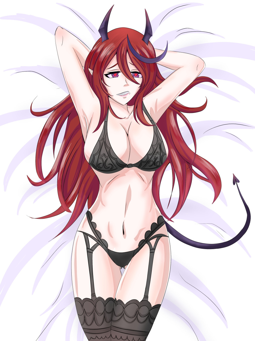 1girls alternate_version_available anime_onegai arms_behind_head bed black_lingerie cleavage demon_tail dengeki_onegai female_only heart_eyes highres hoku_roboto horns latam_virtual_youtuber lingerie long_hair looking_at_viewer pointy_ears purple_eyes red_hair succubus thighhighs virtual_youtuber