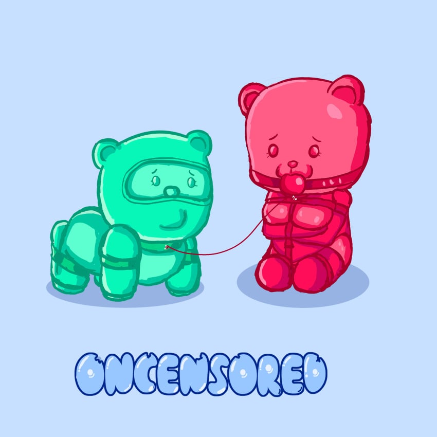 bondage bondage bondage_harness green_body green_skin gummy gummy_bear oncensored oncensored_(artist) pet red_body red_skin straight