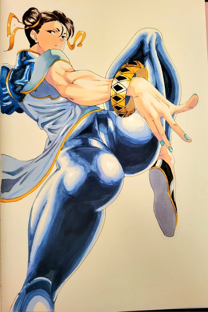 1girls ass big_ass bracelet brown_hair bubble_butt chun-li clothing dat_ass double_bun female female_only huge_ass leg_up looking_at_viewer mature_female milf octavius_dp pose shoes solo stance street_fighter street_fighter_6 thick_thighs tight_clothing tights wide_hips