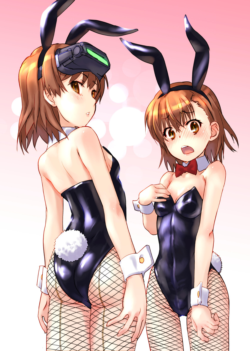 10s 2016 2girls :o animal_ears arms_at_sides ass back back-seamed_legwear bangs bare_shoulders black_leotard blurry blush bokeh bow bowtie breasts brown_eyes brown_hair cleavage clone closed_mouth collarbone covered_navel cowboy_shot dat_ass depth_of_field detached_collar embarrassed eyebrows eyebrows_visible_through_hair fake_animal_ears fishnet_legwear fishnet_pantyhose fishnets from_behind frown goggles goggles_on_head gradient gradient_background hairband hand_on_own_chest head-mounted_display hi_res legs_apart leotard looking_afar looking_at_viewer looking_away looking_down misaka_imouto misaka_mikoto multiple_girls open_mouth pantyhose pink_background playboy_bunny rabbit_ears rabbit_tail raika9 red_bow red_bowtie red_neckwear seamed_legwear short_hair skin_tight small_breasts standing strapless strapless_leotard tail teenage_girl teenager teeth to_aru_kagaku_no_railgun to_aru_majutsu_no_index wavy_mouth white_background wrist_cuffs young