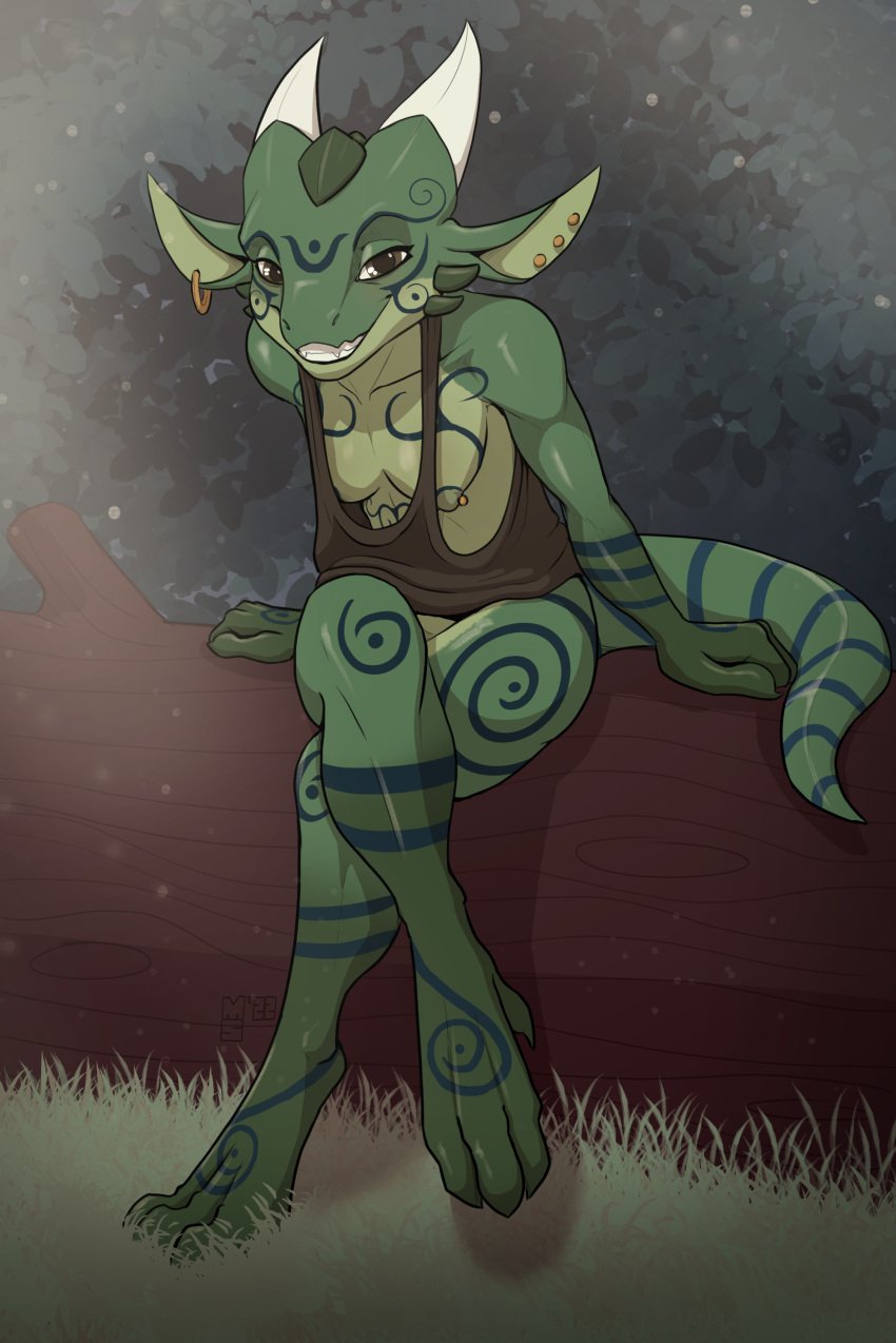 absurd_res anthro bottomless breasts brown_eyes celtic celtic_tattoos clothed clothing ear_piercing female finiuna green_body green_scales hanging_breasts hi_res kobold leaning leaning_forward looking_at_viewer minnosimmins nipple_piercing nipple_slip nipples piercing scales scalie skimpy smile smiling_at_viewer tattoo