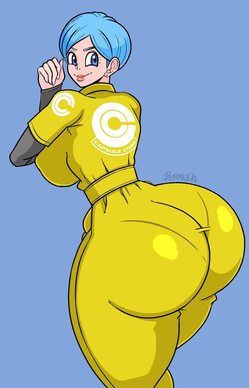 1girls ass backboob bermuda_art big_ass blue_eyes blue_hair bulma_briefs bulma_briefs_(dragon_ball_super_superhero) child_bearing_hips curvaceous curvy curvy_figure dragon_ball dragon_ball_super dragon_ball_super_super_hero ear_piercing eyelashes female female_human female_only fully_clothed huge_ass huge_breasts light-skinned_female light_skin lipstick looking_back mature_female milf older_female pale-skinned_female pale_skin short_hair simple_background solo solo_focus thick_thighs thin_waist tight_clothing wide_hips