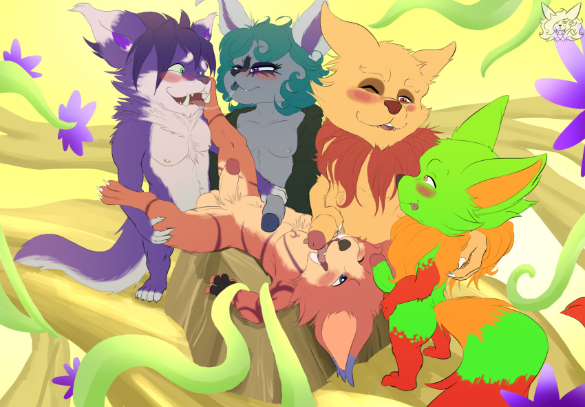 3_toes 4_fingers 5_toes anthro blue_eyes blue_hair blush breasts dark_body dark_skin erection eye_contact eyebrows feet fennephilim_fox fingers fur genitals green_eyes group gynomorph hair hand_on_penis hi_res humanoid intersex laurence_sevastoff_laurent league_of_legends licking looking_at_another lying male male/male male_penetrated male_penetrating mane markings oral orange_body orange_eyes orange_fur orange_mane penetration penile penis penis_lick pink_eyes purple_body purple_fur purple_hair red_eyes red_mane red_markings riot_games saliva sex tan_body tan_fur teemo toes tongue tongue_out vereynne vex_(league_of_legends) video_games vines yordle