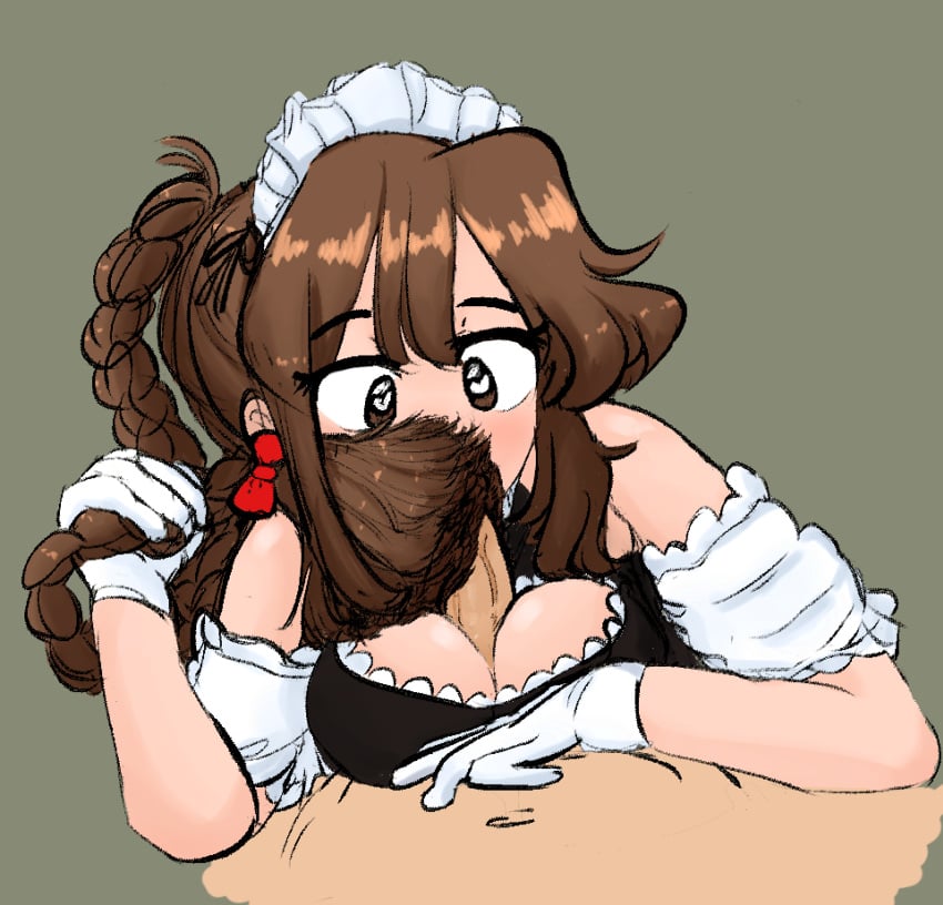 bow bow_in_hair braid braided_hair brown_eyes brown_hair clothing color cosplay costume emirichu gloves hairjob heart-shaped_pupils long_hair maid maid_headdress maid_uniform male_pov nude_male paizuri pov shiny_hair tagme tickling_penis titjob whyquestion youtube youtuber