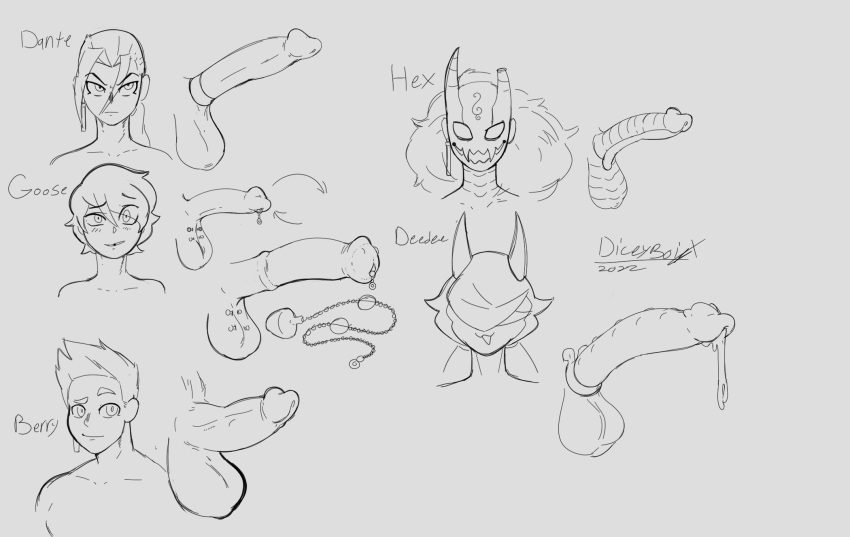 berry_(diceyboi) cock_ring dante_(diceyboi) deedee_(diceyboi) diceyboi dragon dragon_penis gay goose_(diceyboi) long_penis male penis penis_size_difference piercing sketch thick_penis