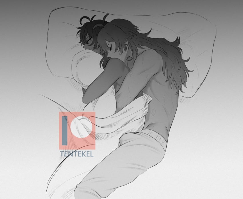 2boys blanket body_scars boner bulge closed_eyes cuddling cute dark-skinned_male dark_hair diluc_(genshin_impact) gay gay_incest genshin_impact hugging_from_behind incest kaeya_(genshin_impact) long_hair_male male monochrome no_shirt nuzzling pillow_hug shirtless sleeping sleeping_together sleepy tentekel yaoi