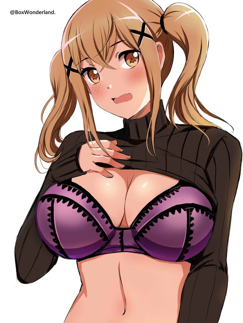 absurdres angel_gabriel. arm_at_side bang_dream! bangs black_sweater blonde_hair blush box_wonderland bra breasts cleavage clothes_lift commentary crossed_bangs eyebrows_visible_through_hair female hair_between_eyes hair_ornament hand_on_own_chest hand_up head_tilt highres ichigaya_arisa large_breasts lifted_by_self long_hair long_sleeves looking_at_viewer navel open_mouth purple_bra ribbed_sweater sidelocks simple_background sleeves_past_wrists solo stomach sweater sweater_lift turtleneck turtleneck_sweater twintails twitter_username underwear upper_body wavy_mouth white_background x_hair_ornament yellow_eyes