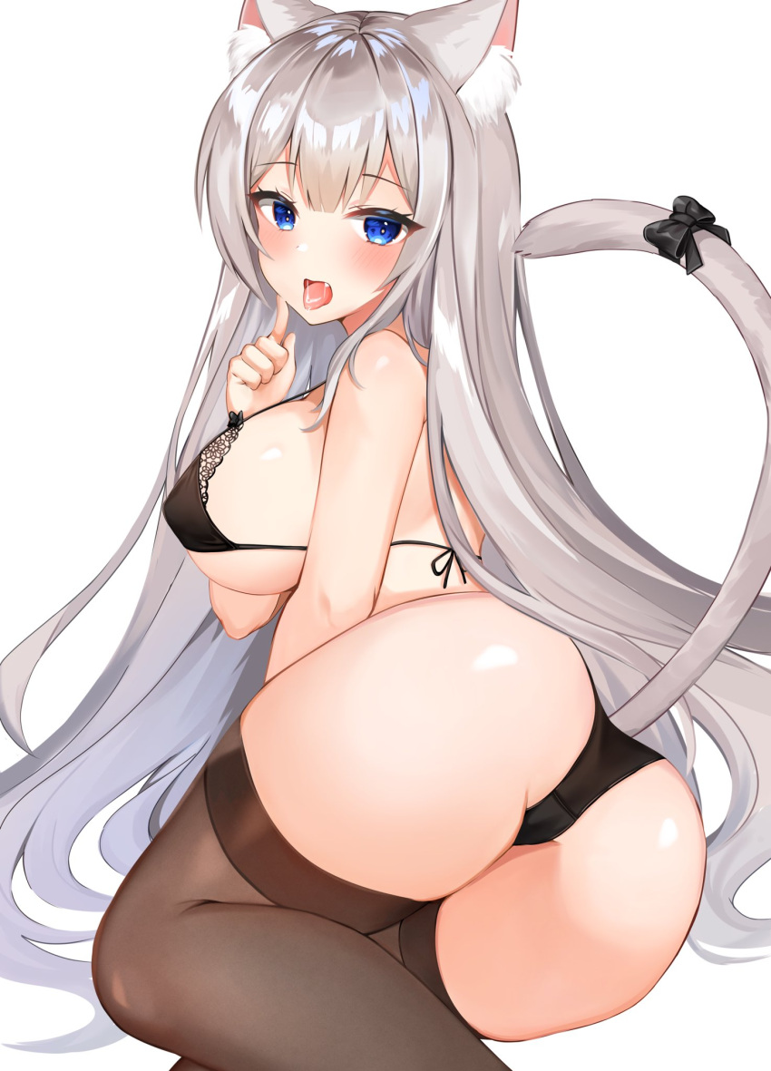 animal_ear_fluff animal_ears ass bare_arms bare_shoulders bikini black_bikini blue_eyes bow breasts brown_legwear cat_ears cat_girl cat_tail covered_erect_nipples crotch_seam female female halter_top halterneck highres index_finger_raised katsushika_pachi large_breasts long_hair looking_at_viewer oerba_yun_fang open_mouth original silver_hair simple_background solo string_bikini swimsuit tail tail_bow tail_ornament thighs tongue tongue_out very_long_hair white_background