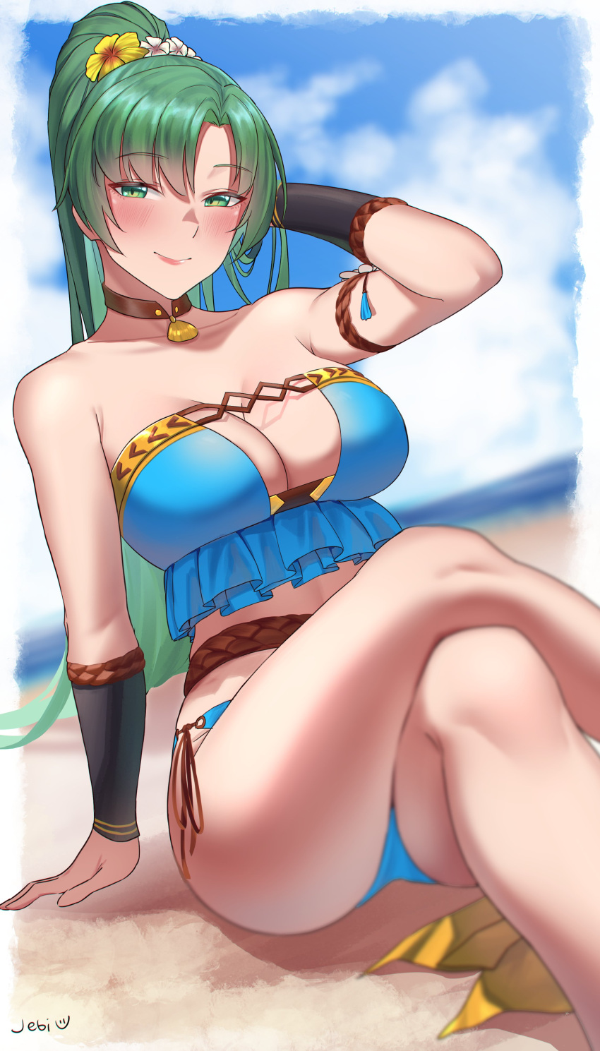 breasts female female_only fire_emblem fire_emblem:_the_blazing_blade green_eyes green_hair jebi looking_at_viewer lyn_(fire_emblem) lyn_(summer)_(fire_emblem) nintendo solo