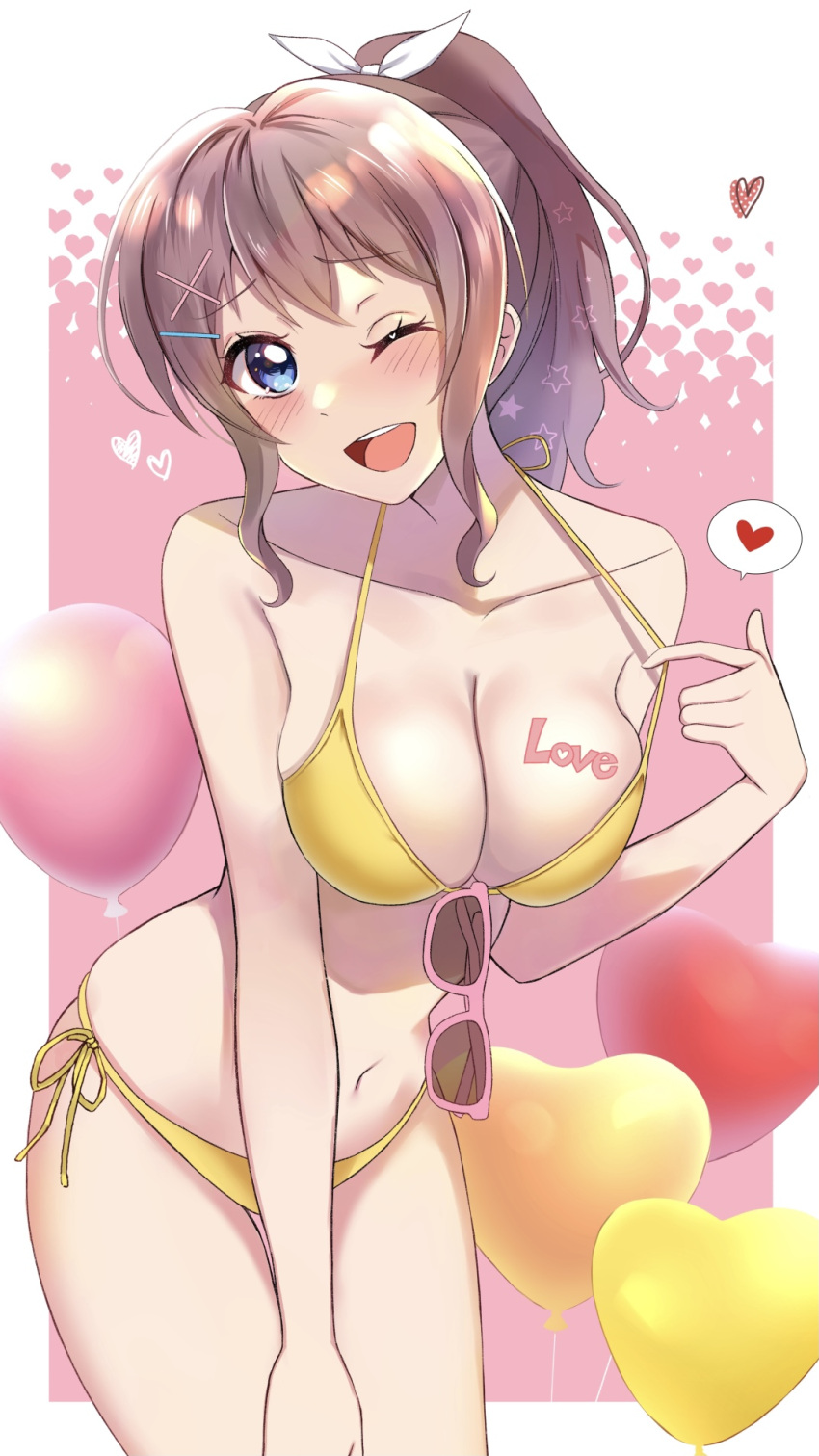 aranami_shibuki balloon bang_dream! bikini blue_eyes breasts brown_hair cleavage collarbone cowboy_shot female golden_bikini gyaru hair_ribbon heart heart_balloon highres kogal large_breasts leaning_forward long_hair looking_at_viewer one_eye_closed ponytail ribbon side-tie_bikini solo swimsuit yamabuki_saaya yellow_bikini