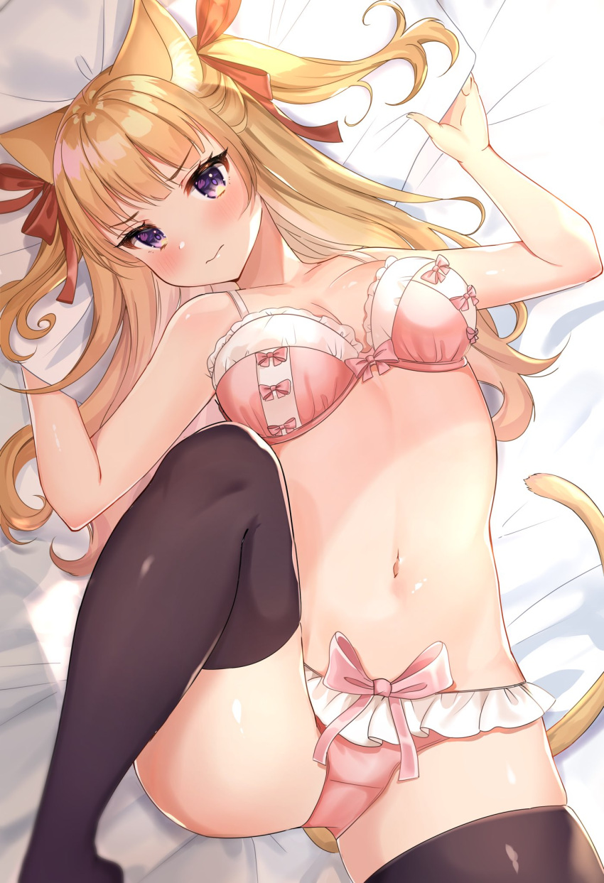 3: animal_ears bare_arms bare_shoulders bed_sheet black_legwear blonde_hair blush bra breasts cat_ears cat_girl cat_tail closed_mouth female female frilled_panties frills frown hair_ribbon hands_up highres katsushika_pachi leg_up long_hair looking_at_viewer lying medium_breasts navel on_back original panties pillow pink_bra pink_panties purple_eyes ribbon solo stomach tail thighhighs two_side_up underwear v-shaped_eyebrows