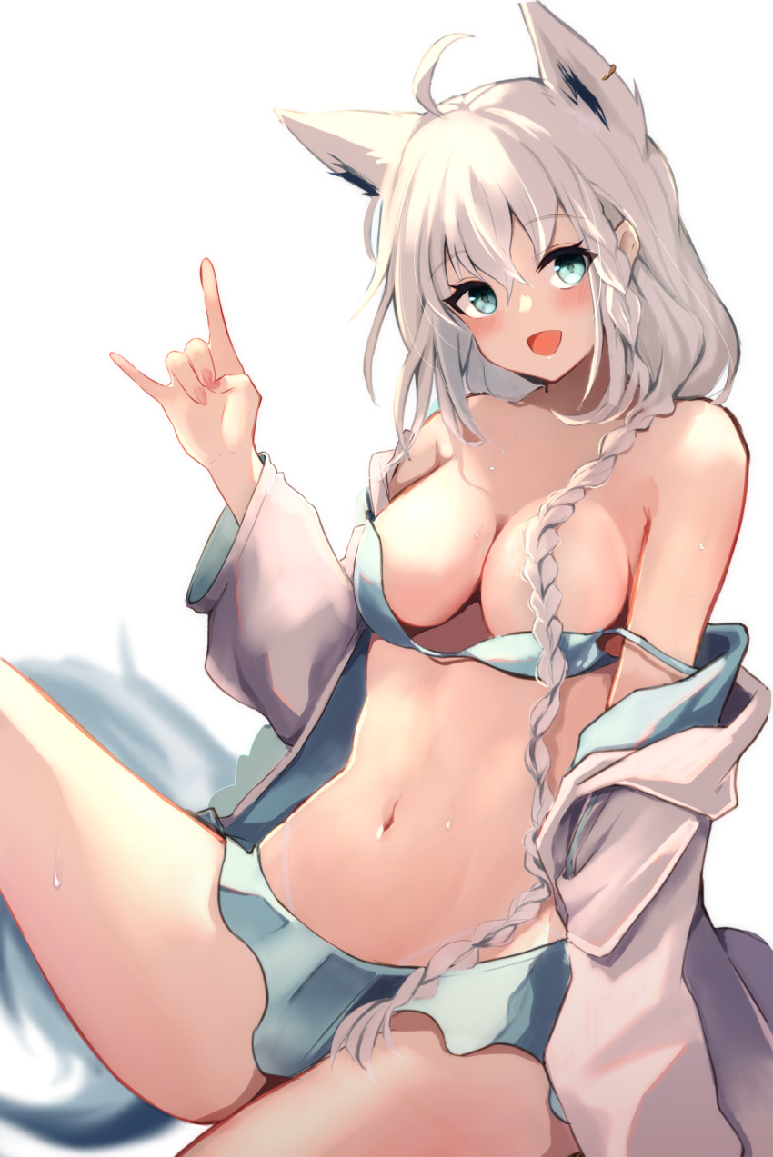 :d ahoge animal_ears aqua_bikini aqua_eyes bikini braid breasts ear_piercing female fox_ears fox_girl fox_shadow_puppet fox_tail hair_censor hair_over_breasts hair_over_one_breast highres hololive hololive_gamers hololive_gen_1 hololive_japan jacket jacket_partially_removed knee_up long_hair medium_breasts midriff navel open_mouth piercing shirakami_fubuki side_braid sitting smile solo strap_slip swimsuit tail tako_8_yaki virtual_youtuber wet white_hair