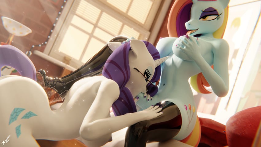 3d absurdres anthro anthrofied ass athletic_female athletic_futanari breasts equid equine fellatio female friendship_is_magic furry futa_on_female futanari highres horn large_breasts mammal my_little_pony nude oral rarity_(mlp) sassy_saddles_(mlp) sex straight_hair unicorn vyprae