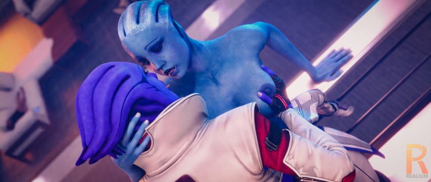 3d aria_t'loak asari asari_futanari blue_breasts blue_eyes blue_skin blue_tits breast_grab breast_squeeze breasts_out cheating cheating_girlfriend cheating_wife comic_page futanari image_set kissing liara_t'soni mass_effect nipples purple_skin realium3d saliva_string saliva_trail