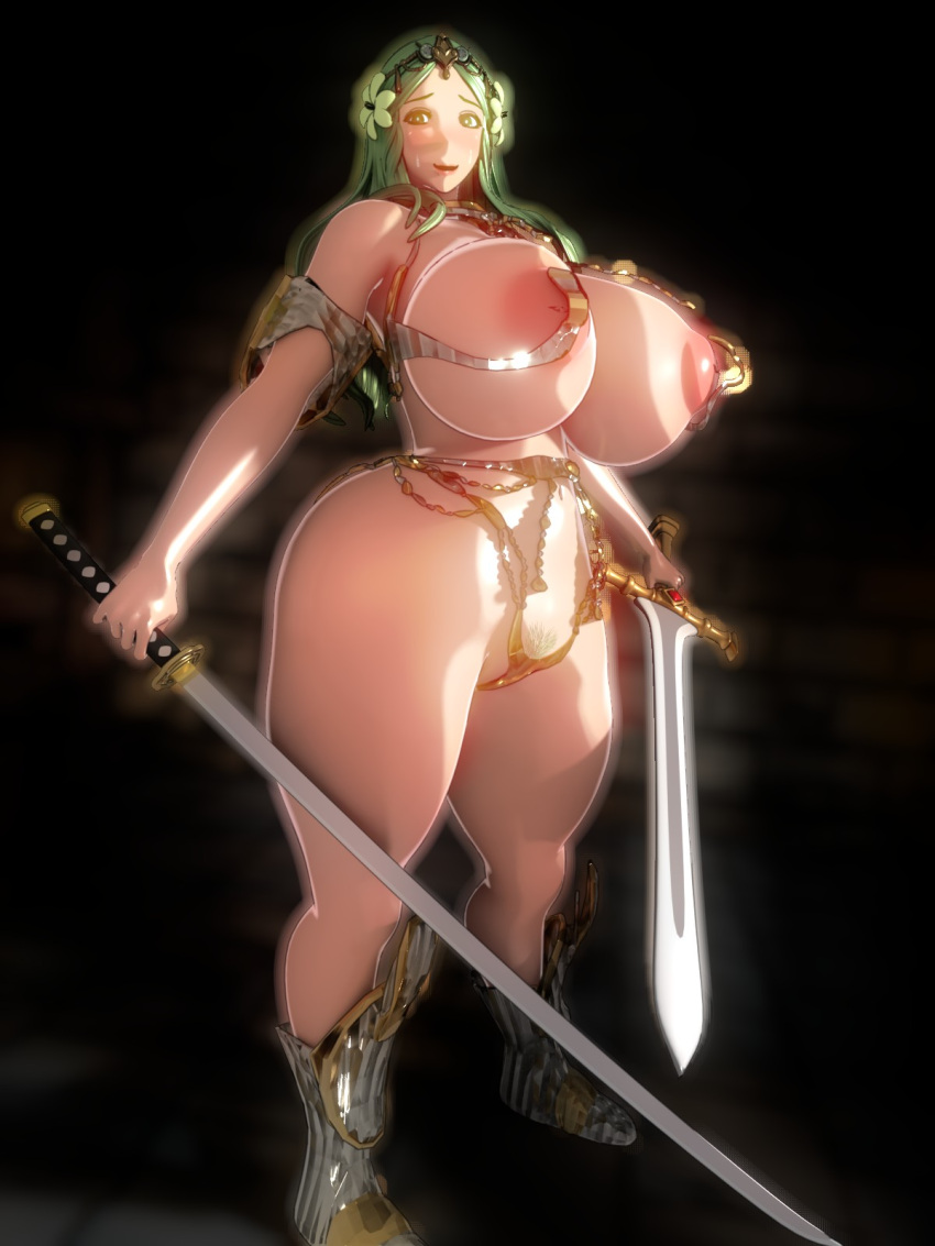 1girls 286c 3d alternate_version_available bare_legs boots completely_nude curvy dual_wielding female female_only fire_emblem fire_emblem:_three_houses functionally_nude green_eyes green_hair inverted_nipples legs long_hair looking_at_viewer naked_boots naked_footwear nintendo nipples nude nude_female open_mouth revealing_clothes rhea_(fire_emblem) smile solo sword thick_thighs voluptuous weapon wide_hips