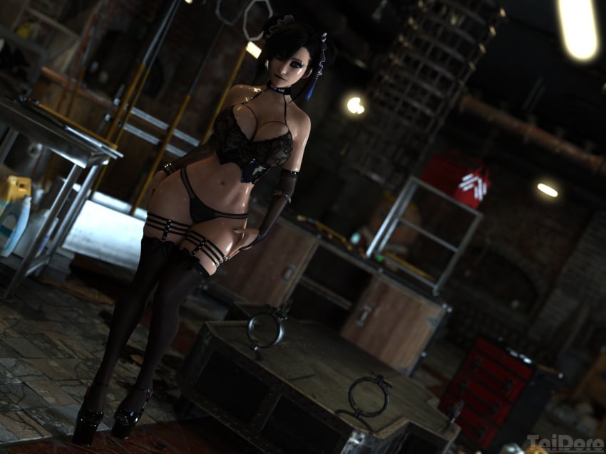 1girls 3d 3d_(artwork) black_hair choker eyeshadow final_fantasy final_fantasy_vii final_fantasy_vii_remake high_heels lingerie solo solo_female tagme taidoro thighhighs tifa_lockhart