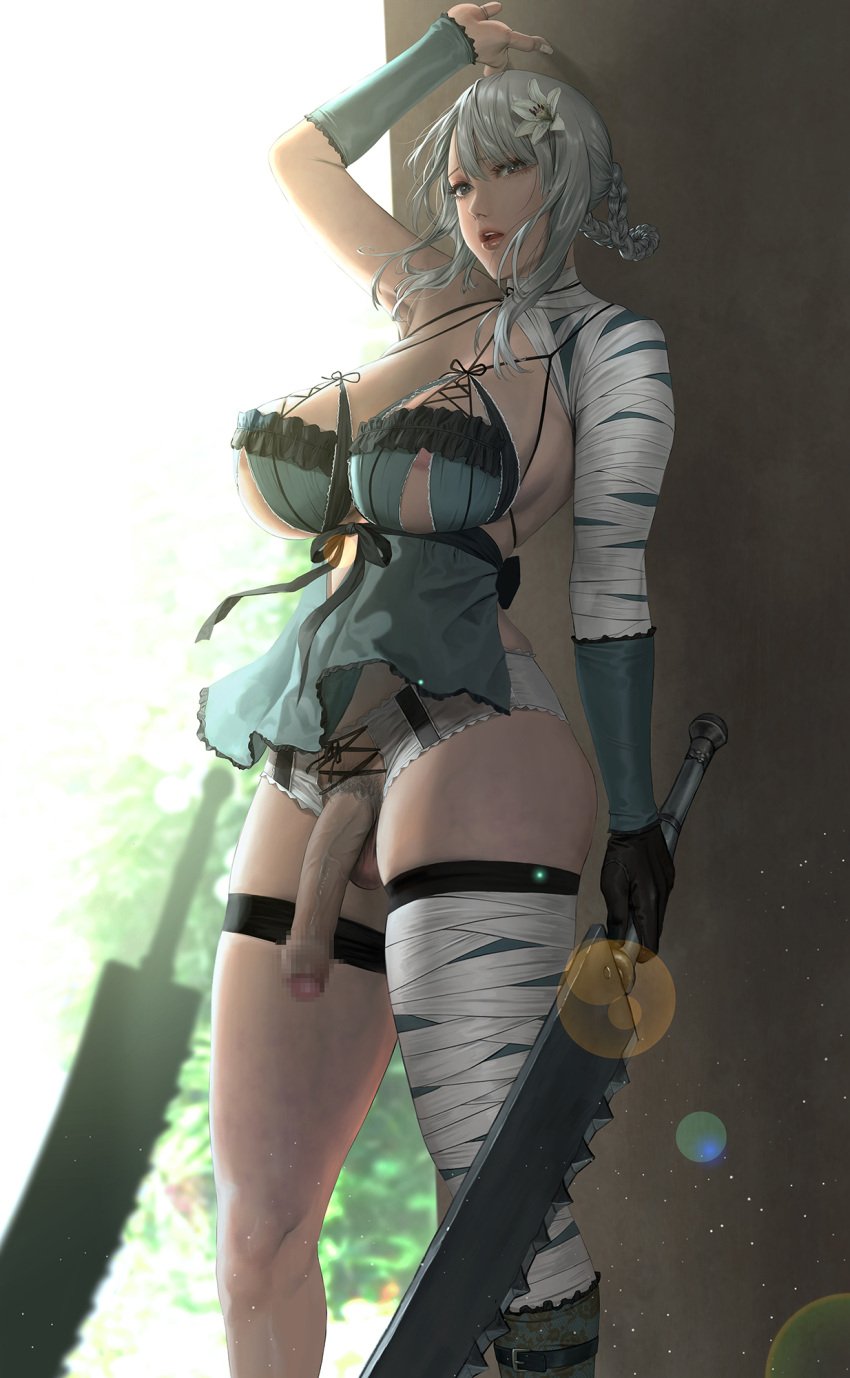 1futa areola_slip areolae armwear balls big_breasts big_penis breasts canon_futanari canon_intersex casual censored clothed clothing flaccid fully_clothed futa_only futanari human intersex janggun kaine_(nier) legwear light-skinned_futanari light_skin mosaic_censoring nier nier_replicant nipples pale_skin penis penis_out solo solo_futa standing testicles uncut unretracted_foreskin weapon white_hair