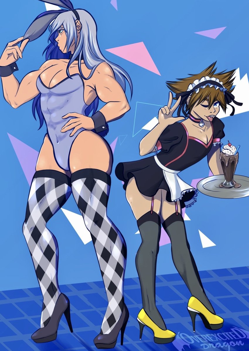 ambush_(trap) bulge bunny_ears bunnysuit crossdressing femboy heels high_heels kingdom_hearts maid maid_uniform male male_only muscles muscular_femboy muscular_male muscular_trap overexciteddragon platter riku sora thighhighs