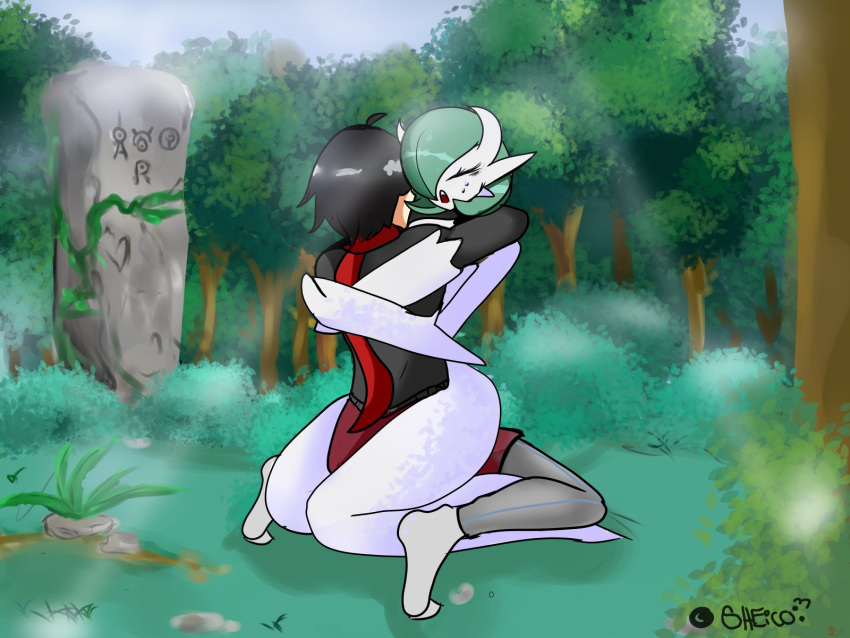 1boy 1girls 2022 ambiguous_penetration anthro arms_around_neck black_hair bodily_fluids character_cipher closed_eyes clothed clothed/nude clothed_male_nude_female clothing cowgirl_position crying detailed_background duo embrace female fictional_language forest gardevoir green_hair hair hi_res hug hugging human human_on_anthro humanoid interspecies kneeling male male/female male_human/female_pokemon mammal mega_evolution mega_gardevoir nintendo not_furry nude open_mouth penetration plant pokémon_(species) pokemon pokemon_(species) pokephilia raven_(sheico) scarf sheico shein_(sheico) signature stone_work tears tears_of_pleasure text tree unown unown_text video_games