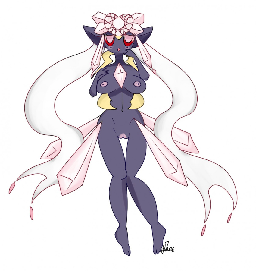 alternate_breast_size anthrofied blush diancie grey_skin knees_together large_breasts mega_diancie nelsonnoir open_mouth pointy_ears pokemon pokemon_xy pussy red_eyes