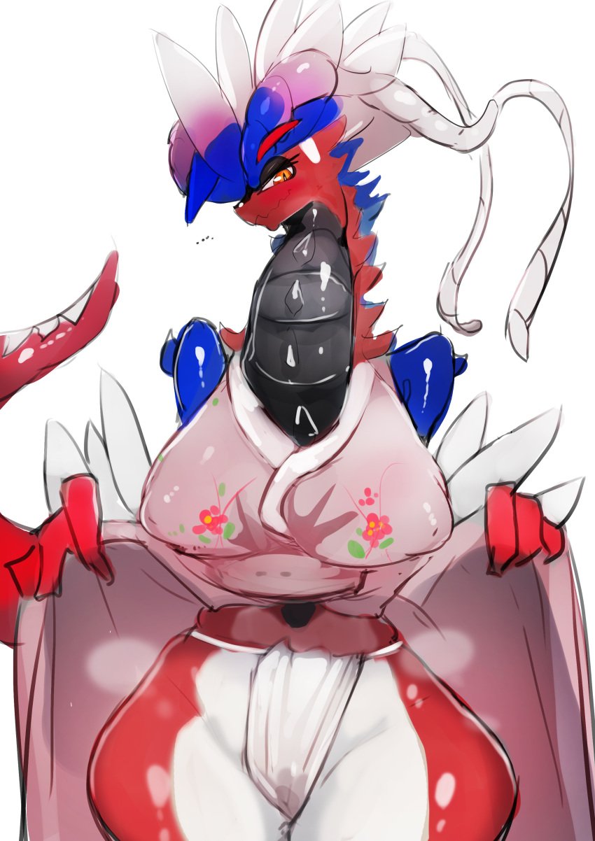 ... absurd_res anthro anthrofied asian_clothing big_breasts breasts clothed clothing clothing_lift dress dress_lift east_asian_clothing exposing female fundoshi glistening glistening_body half-closed_eyes hi_res huge_breasts japanese_clothing koraidon legendary_pokémon lifting_robe menyang narrowed_eyes nintendo nipple_outline panties pokémon_(species) pokemon pokemon_sv robe simple_background small_waist solo steam underwear video_games wet wet_clothing wet_panties wet_underwear white_background wide_hips