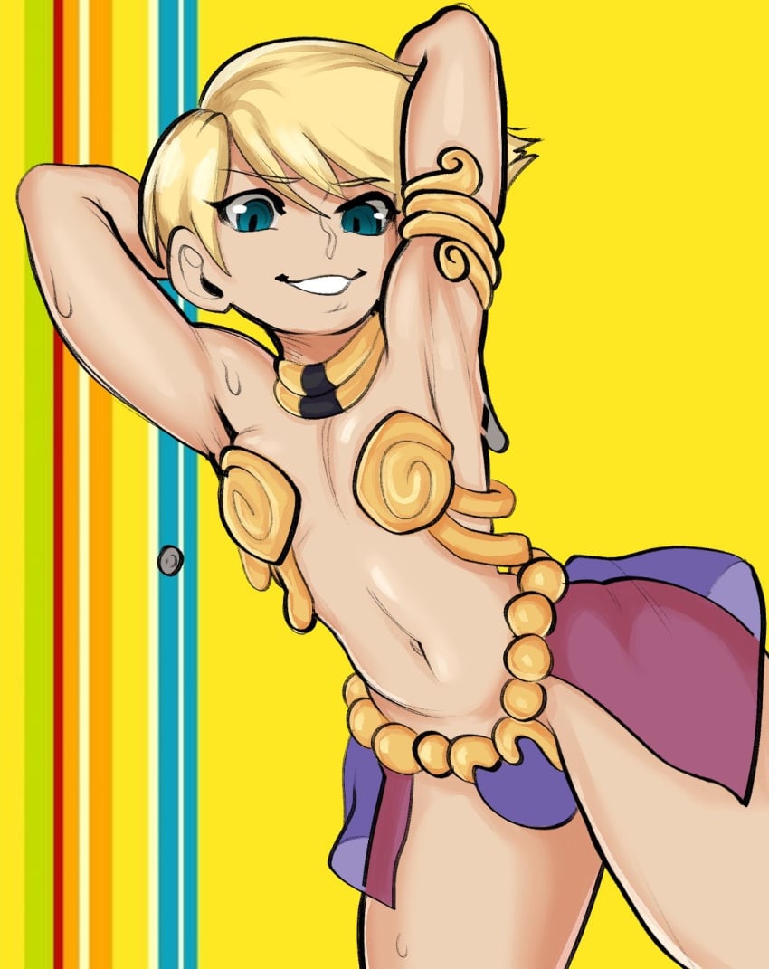 1boy almost_naked arms_up belly_button bikini blonde_hair bulge femboy girly gold_bikini gold_jewelry jewelry kuma_(persona_4) male male_only midriff navel nutsfw persona persona_4 shantae shantae_(cosplay) smile solo teddie_(persona) thick_thighs thighs