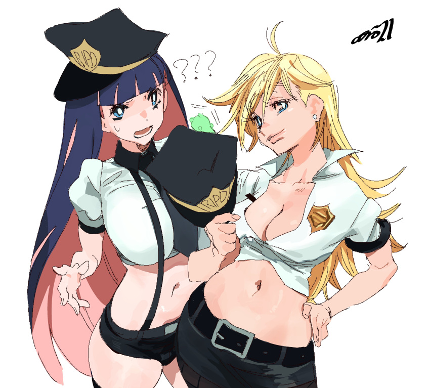 2girls ? ?? absurdres artist_name belt big_breasts black_belt black_hair black_shorts blonde_hair breasts cleavage collared_shirt colored_inner_hair cowboy_shot earrings hat highres holding holding_clothes holding_hat huge_breasts jewelry large_breasts long_hair midriff multicolored_hair multiple_girls navel open_mouth panty_&_stocking_with_garterbelt panty_anarchy pink_hair police police_badge police_hat police_uniform policewoman shirt shorts simple_background smile stocking_anarchy suspenders uniform very_long_hair white_background whoopsatro