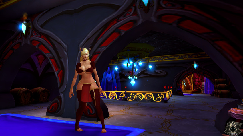 big_breasts blood_elf choker demon_horns eastern_kingdoms inn jewelry red_clothing silvermoon skimpy tipsy titaa world_of_warcraft