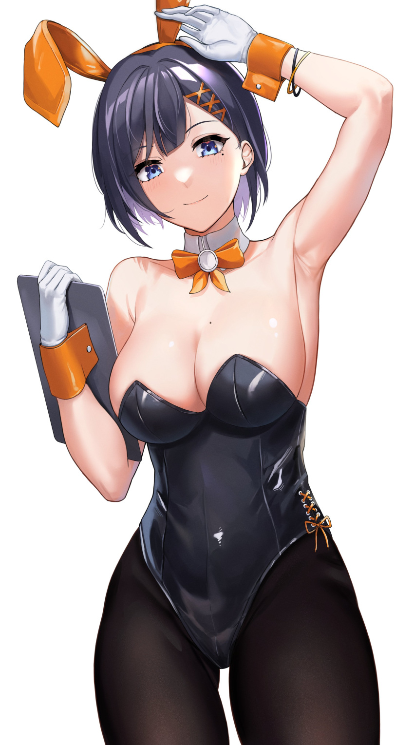 alternate_version_available armpits arms_up black_hair bunny_ears bunny_girl bunnysuit dobure18 large_breasts mole mole_on_breast nijisanji nijisanji_indonesia short_hair siska_leontyne stockings thigh_gap virtual_youtuber