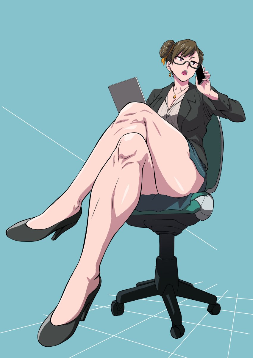 ass blazer button_down_shirt calves chair chun-li cleavage crossed_legs glasses heels high_heels knees knees_together_feet_apart legs makinaru necklace office_lady on_the_phone phone phone_call sitting_on_chair skirt street_fighter suit tagme thick_thighs thighs