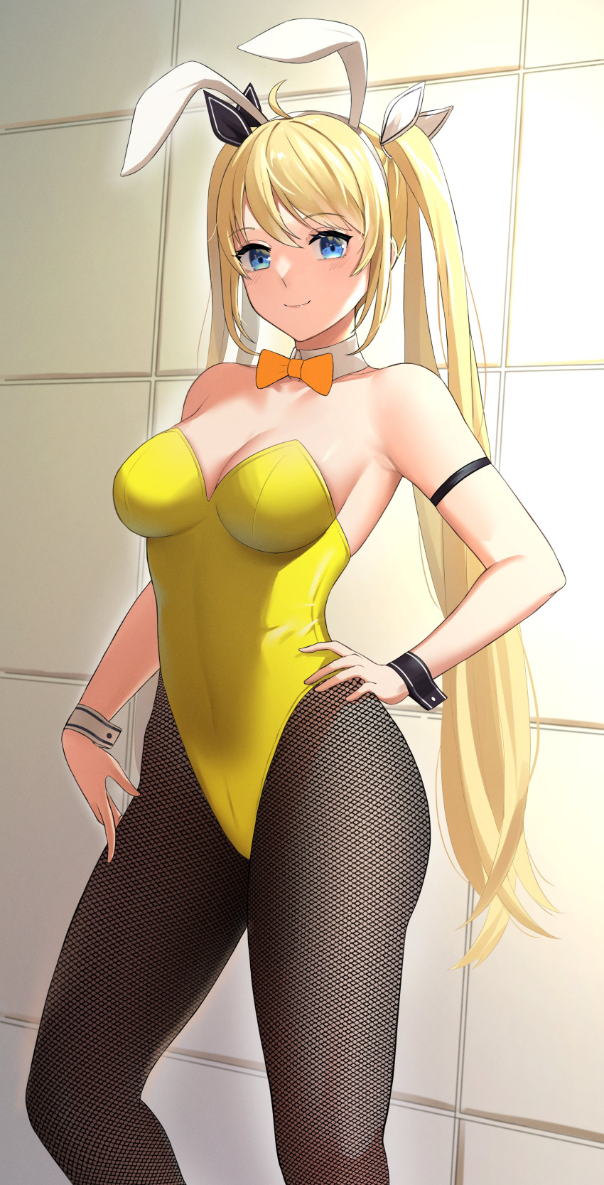 1girls blonde_hair blue_eyes bowtie bunnysuit dobure18 fishnets light-skinned_female light_skin nijisanji nijisanji_indonesia twintails virtual_youtuber yellow_hair zea_cornelia