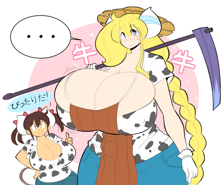 blonde_hair breasts brown_hair cassie_(theycallhimcake) cow_shirt gigantic_breasts sukimi_(hataraki_ari) theycallhimcake wide_hips