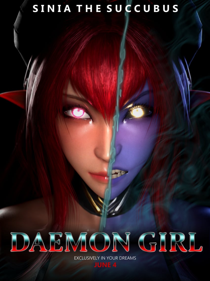 3d adeptusinfinitus blender blue_skin choker glowing_eyes looking_at_viewer meme morbius_(film) original_character parody pointy_ears poster red_hair sinia succubus succubus_horns unusual_pupils